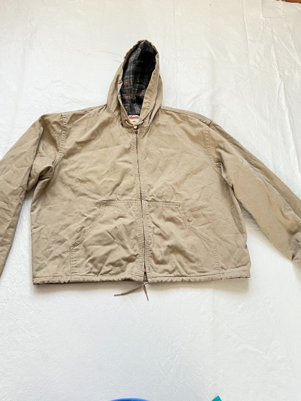 Vintage Oshkosh Bgosh canvas jacket boys large light tan brown hooded work